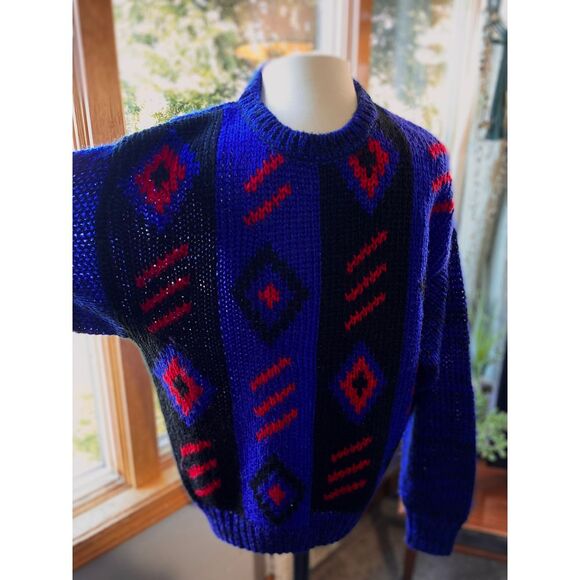 Vtg Visage Hand Knit Garment Men's‎ Chunky Ski Sweater Blue Geometric 80s - Picture 2 of 9